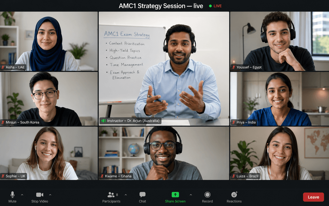 Live AMC Part 1 strategy session with an instructor and International Medical Graduates from eight countries